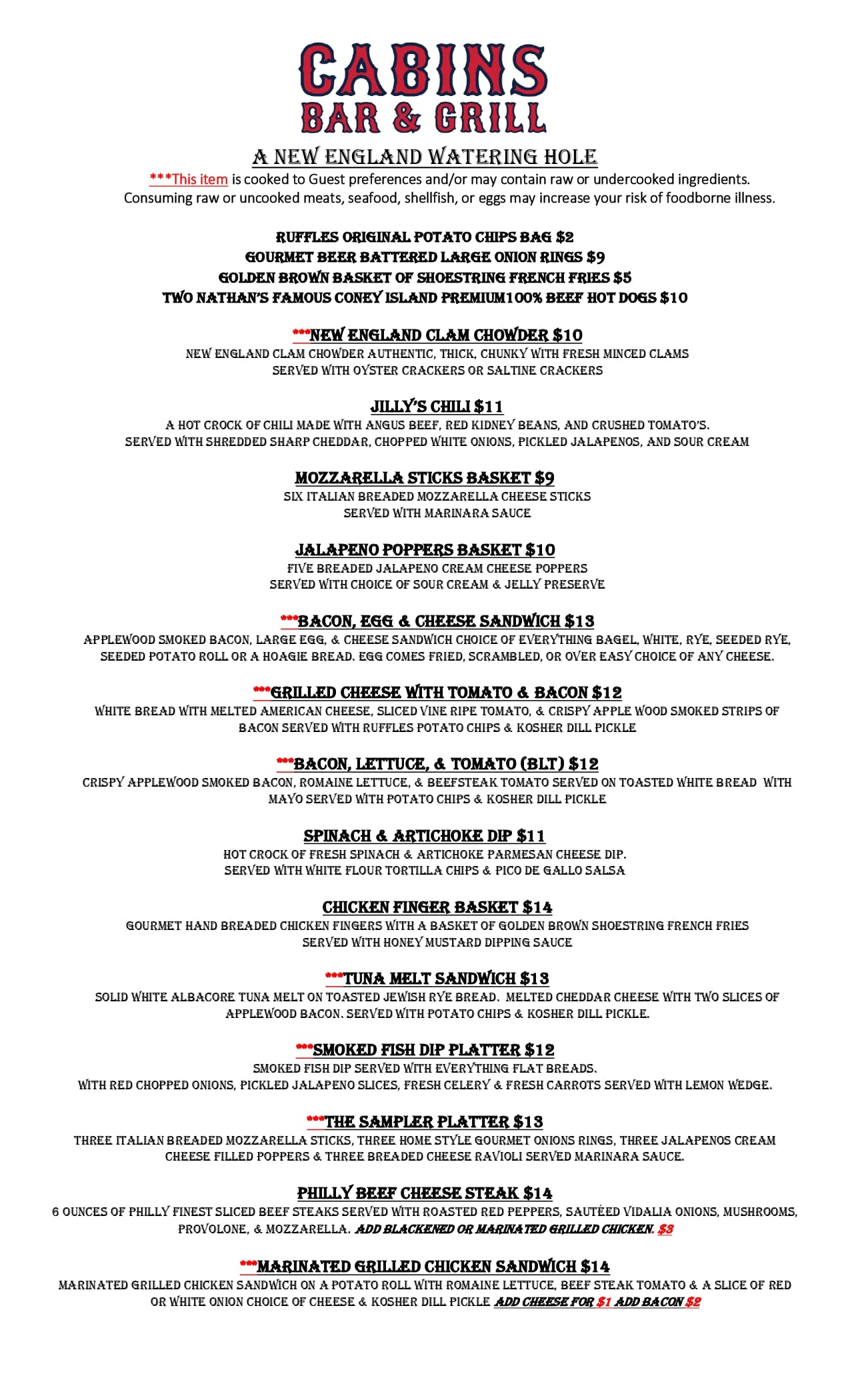 Cabins Bar & Grill Menu