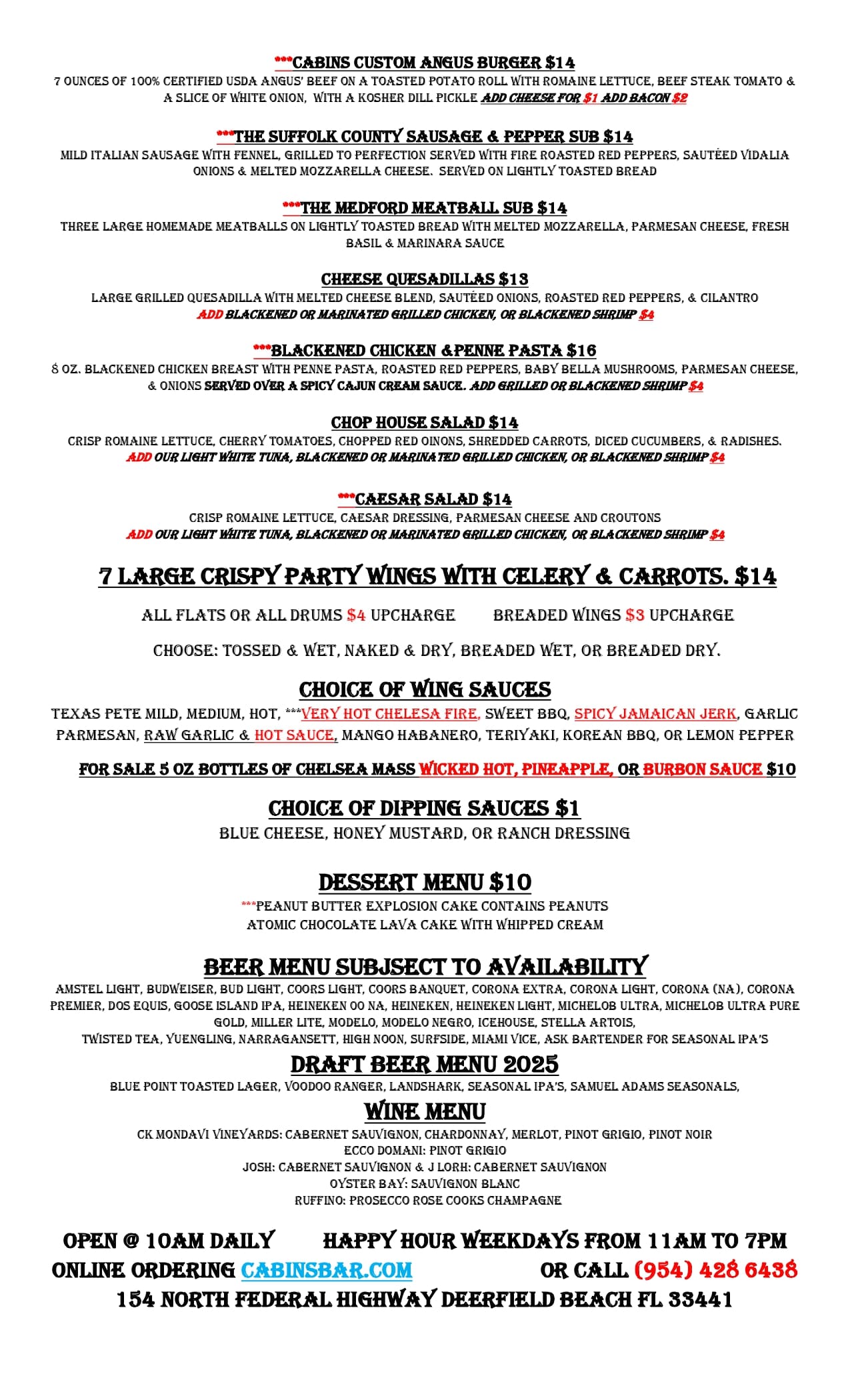 Cabins Bar & Grill Menu